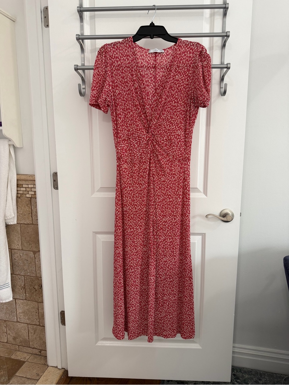 Mango Red Floral Twist-Front Midi Dress